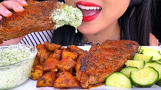 ASMR STEAK in SPICY GREEN AIOLI with ROASTED POTATOES Yummy Eating Sounds No Talking  ASMR Phan [upl. by Annav]