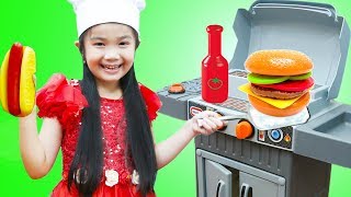 Hana Pretend Play with TOY BBQ Grill Cooking Food Set [upl. by Ahsiret]