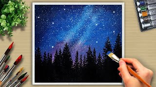 How to Paint Night Sky Starry Night landscape Acrylic Painting  76 Acrylic Art [upl. by Malia306]