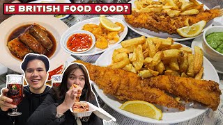 BRITISH FOOD TOUR in LONDON  Fish amp Chips Bangers amp Pies [upl. by Clemens]