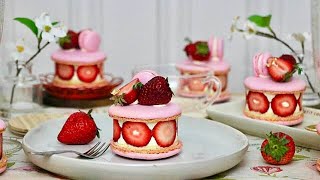 STRAWBERRY MACARON CAKE RECIPE  FRAISIER CAKE  MACARON [upl. by Adnoral]