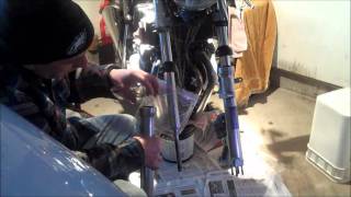 Installing Front Fork Tubes on Triumph Trident T160 [upl. by Ynaffat]