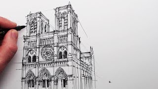 How to Draw Notre Dame Cathedral Buildings in Perspective [upl. by Yenot]