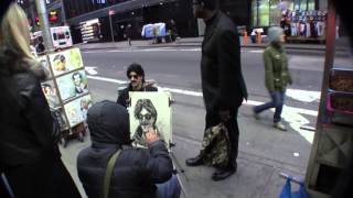 Banksy getting portrait drawn in Times Square NYC [upl. by Dodge]