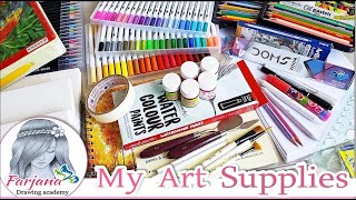 MY DRAWING SUPPLIES  Drawing Materials  Useful Art Supplies  Farjana Drawing Academy [upl. by Yortal]