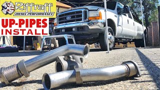 2001 F350 73  RiffRaff UpPipes Install  Stock up pipes leaking and falling apart JUNK SP [upl. by Irret479]