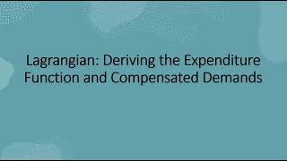 Lagrangian Deriving the Expenditure Function and Compensated Demands [upl. by Eiramesor]