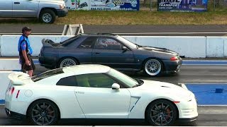 Must see race Nissan Skylane r32 gtr smokes Gtr 35drag race [upl. by Horsey]