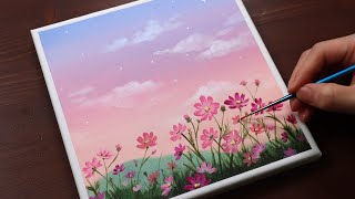 Cosmos Flowers  Landscape  Easy acrylic painting for beginners  PaintingTutorial  Painting ASMR [upl. by Nhguavaj]