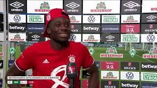 Alphonso Davies brilliant reaction when told he broke Bundesliga speed record  3651kmh [upl. by Daahsar259]