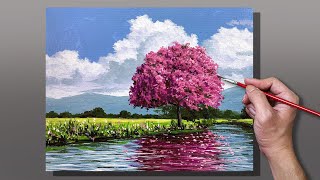 Acrylic Painting Cherry Blossom River Reflection [upl. by Nybbor]