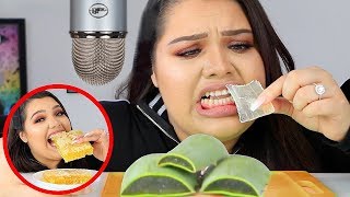 I Tried ASMR Eating Raw Honeycomb Slime Aloe Vera Sticky Crunchy Sounds [upl. by Anidan]